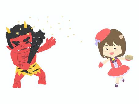 赤鬼に豆を投げるアイドル（赤） 節分,女の子,豆,豆まき,赤鬼,金棒,投げる,妖怪,アイドル,赤のイラスト素材