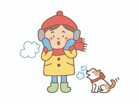 外の寒さを感じている子供と子犬 冬,こども,子犬,寒い,息,白い,帽子,耳あて,ミトン,マフラーのイラスト素材
