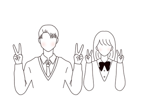 ピースする2人 ピース,ダブルピース,男女,男子,女子,制服,学生,息子,娘,新入社員のイラスト素材