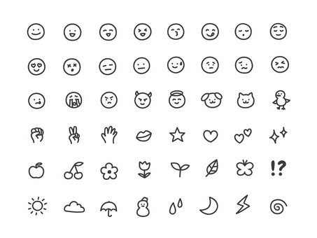 ゆるい手書きの絵文字セット1 手書き,あしらい,絵文字,飾り,セット,顔,笑顔,笑う,美味しい,寝るのイラスト素材
