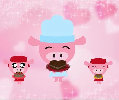 ブタさん バレンタイン,チョコレート,ケーキ,チョコ,ハート,動物,ブタ,エプロン,ピンク,かわいいのイラスト素材