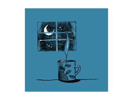 夜のコーヒー 夜,コーヒー,窓,月夜,線画,おしゃれ,シンプル,パステルカラー,くすみ,カラーのイラスト素材