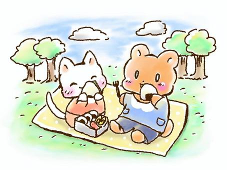 猫ちゃんとクマくんの遠足 遠足,幼稚園,猫,動物,クマ,お弁当,ピクニック,可愛い,園児のイラスト素材