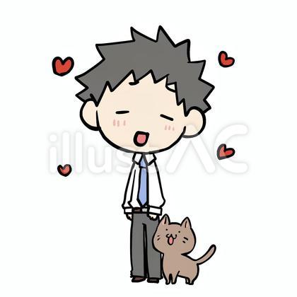 足元の猫にメロメロの男性