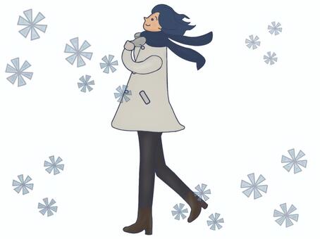 風になびくコートの女性と雪の結晶3 女性,コート,髪の毛,風,冬,ファッション,マフラー,手袋,ブーツ,グレーのイラスト素材