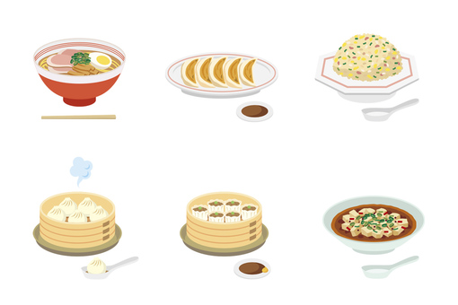 FOOD_中華料理_01 中華,ラーメン,餃子,チャーハン,小籠包,焼売,麻婆豆腐,箸,小皿,レンゲのイラスト素材