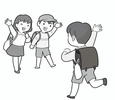 朝のあいさつの小学生　白黒 あいさつ,小学生,ランドセル,３人,待つ,元気,おはよう,白黒のイラスト素材
