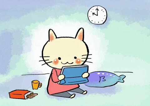 夜にタブレットを見る子供 健康教育,タブレット,子供,猫,視力,夜,子育て,子供部屋,かわいいのイラスト素材