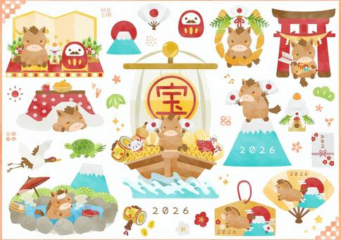 水彩風の午年のお正月イラストセット 水彩風の午年のお正月イラストセット 2026年,お正月,馬,セット,動物,かわいい,干支,年賀状素材,水彩風,令和8年のイラスト素材
