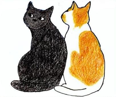 2匹の猫の手描きイラスト 黒猫,茶白猫,猫イラスト,ペット,動物イラスト,後ろ姿,イラスト,手描きのイラスト素材