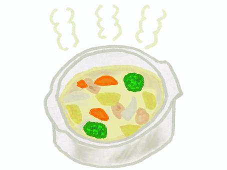クリームシチュー クリームシチュー クリームシチュー,冬,料理,にんじん,玉ねぎ,ブロッコリー,白,クレヨン,手書きのイラスト素材