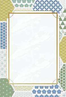 年賀状 亀甲配置の和柄デザイン 縦書き ハガキ,亀甲,緑,青,黄色,冬,年賀状,新年,謹賀新年,梅のイラスト素材