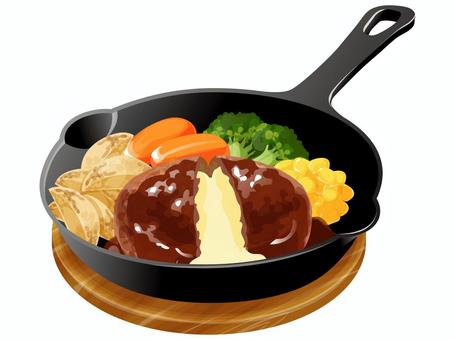 チーズインハンバーグ(スキレット) チーズインハンバーグ(スキレット) ハンバーグ,チーズ,洋食,料理,食べ物,フライドポテト,にんじん,ブロッコリー,コーン,スキレットのイラスト素材
