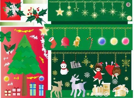クリスマス素材 クリスマス,ツリー,オーナメント,セット,飾り,柊,雪だるま,プレゼント,トナカイ,汽車のイラスト素材
