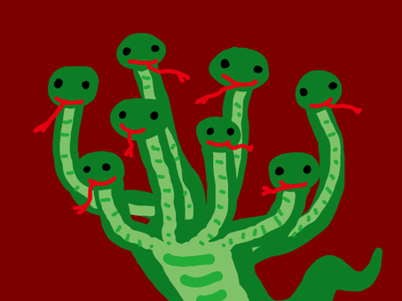 かわいいヤマタノオロチ(背景赤) ヤマタノオロチ,大蛇,多頭,化け物,神話,邪悪のイラスト素材