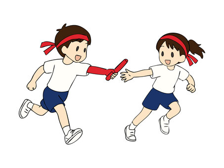 リレーのバトン渡し 運動会,小学生,リレー,バトン,男の子,女の子,ハチマキ,体操服,手書き,体育祭のイラスト素材