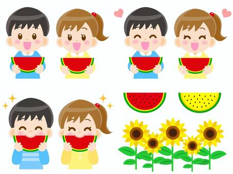スイカを食べる子供のイラスト素材セット2 子供,スイカ,果物,食べ物,野菜,男の子,女の子,小学生,人物,男女のイラスト素材