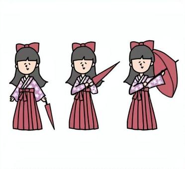 傘をさす袴姿の女の子 ゆるかわ,ほんわか,女の子,袴,可愛い,手書きイラスト,優しい,癒し,ちびキャラ,シンプルのイラスト素材