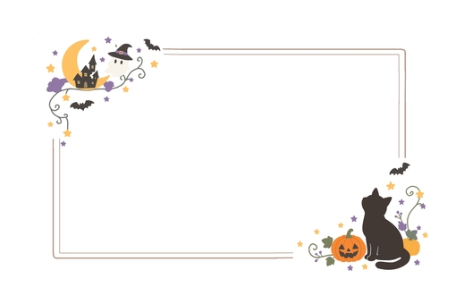 黒猫シルエットのハロウィンフレーム素材3 ねこ,猫,黒猫,シルエット,ハロウィン,かぼちゃ,おばけ,ジャックオランタン,秋,コウモリのイラスト素材