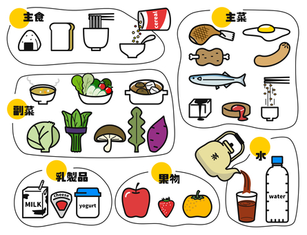食材イラストセット-カラー 食材,食べ物,献立,栄養,バランス,要素,食育,主菜,副菜,主食のイラスト素材
