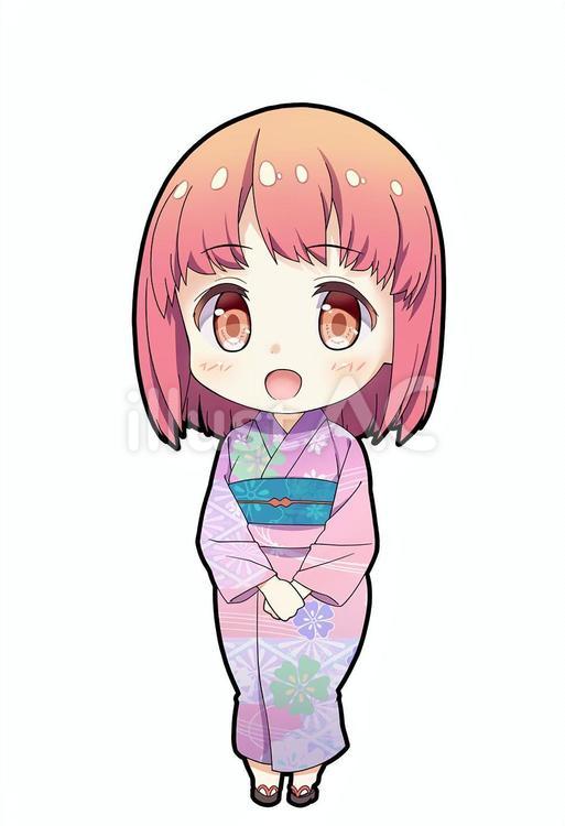 浴衣の女の子　ショートヘア　ピンク 浴衣,ちびキャラ,女の子のイラスト素材