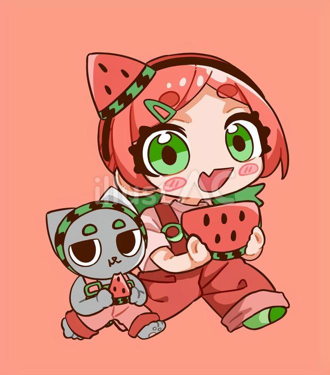 スイカの女の子と猫 女の子,猫,スイカのイラスト素材