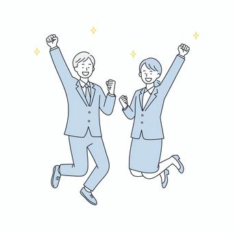 喜びのジャンプをするビジネス男女 人物,男女,ビジネス,就活,スーツ,喜び,成功,達成,ガッツポーズ,笑顔のイラスト素材