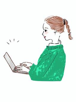 PC作業する三つ編み女性の横顔　仕事 女性,pc,パソコン,仕事,ビジネス,横顔,みつあみ,手,シャツ,リボンのイラスト素材
