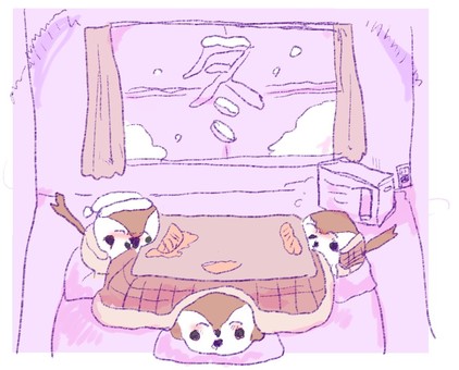 冬スズメ スズメ,可愛い,デフォルメ,冬,こたつのイラスト素材
