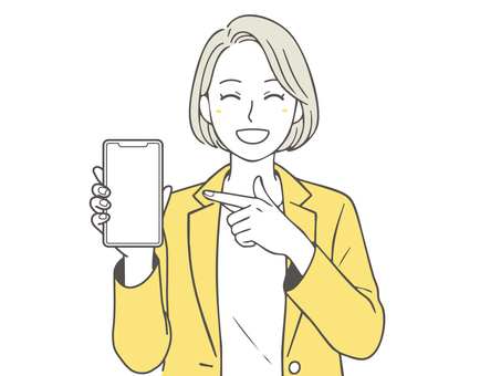 スマホを見せる女性1 スマホ,画面,スマートフォン,女性,見せる,おすすめ,女性社員,指差し,スーツ,若いのイラスト素材