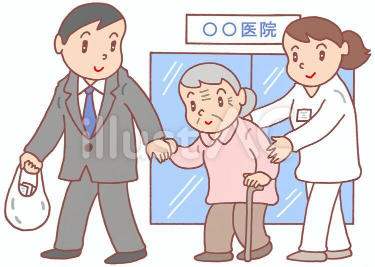 高齢者通院の付き添い 要介護者,高齢者,家族のイラスト素材