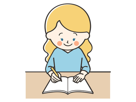 勉強をする白人女性 女性,外国人,留学生,勉強,宿題,学習,学ぶ,学び,テスト,課題のイラスト素材