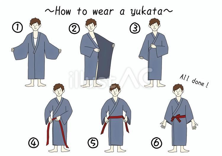 旅館浴衣の着方（男性　無地）英語 男性,浴衣,夏のイラスト素材
