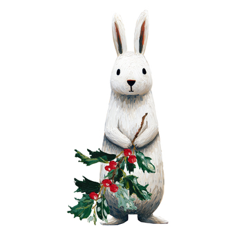 厚塗りうさぎクリスマスイラスト クリスマス,冬,うさぎ,ウサギ,動物,ヒイラギ,赤,実,へたうま,手描きのイラスト素材
