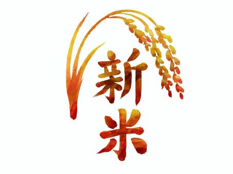 新米文字と稲穂カラーイラスト 米,秋,新米,稲穂,シルエット,食べ物,和風文字,水彩,赤,黄色のイラスト素材