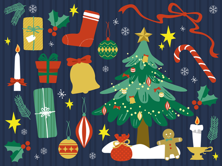 クリスマスセット01 クリスマス,xmas,クリスマスツリー,プレゼント,セット,冬,オーナメント,飾り,イラスト,12月のイラスト素材