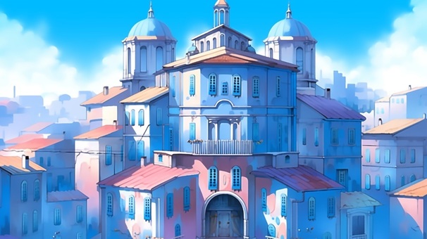 Illustration, blue, blue sky, town, 