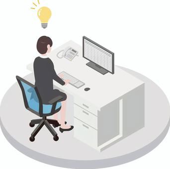 アイソメトリック_働く人⑤-9 アイソメトリック,オフィス,会社員,女性,閃き,アイデア,オフィスワーク,働く,仕事,アイソメのイラスト素材