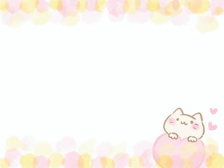 ハートと猫イラストの水彩フレーム（暖色） 背景,フレーム,水彩,滲み,パステルカラー,淡い,素材,イラスト,コピースペース,テキストスペースのイラスト素材