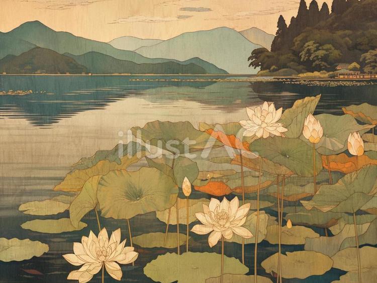 水辺に咲く蓮の花の浮世絵風イラスト 蓮の花,葉,湖のイラスト素材