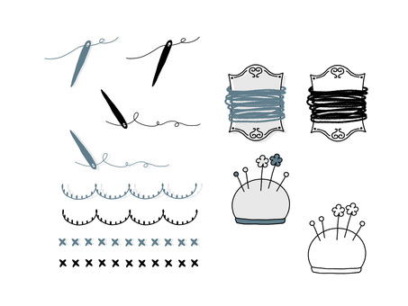 ハンドメイド　モノクロな針と糸 ハンドメイド,手芸,針,まち針,手作り,糸,ピンクッション,ステッチ,ライン,アイコンのイラスト素材