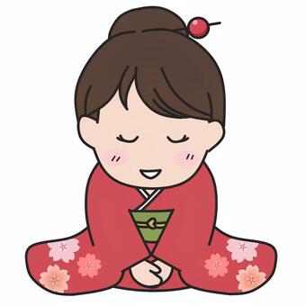 着物姿でお辞儀をする女の子のイラスト 振袖,着物,和服,挨拶,お辞儀,晴れ着,晴れ姿,女性,和装,正月のイラスト素材