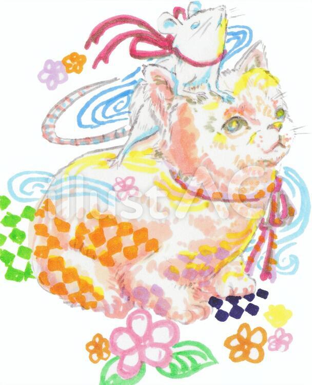 ねずみとねこ 年賀状,ねずみ,猫のイラスト素材