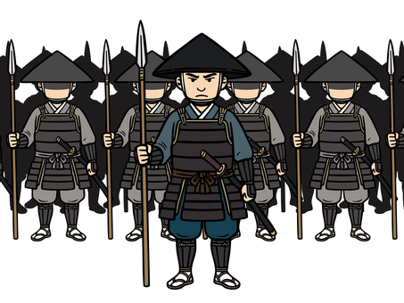 整列する槍組足軽-1 足軽,槍,整列,陣笠,胴鎧,兵士,武士,武将,組,合戦のイラスト素材