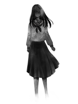 髪の長いセーラー服の少女　ホラー素材 幽霊,セーラー服,ホラー,オカルト,立ち絵,水彩,怖い,悪霊,黒,手描きのイラスト素材