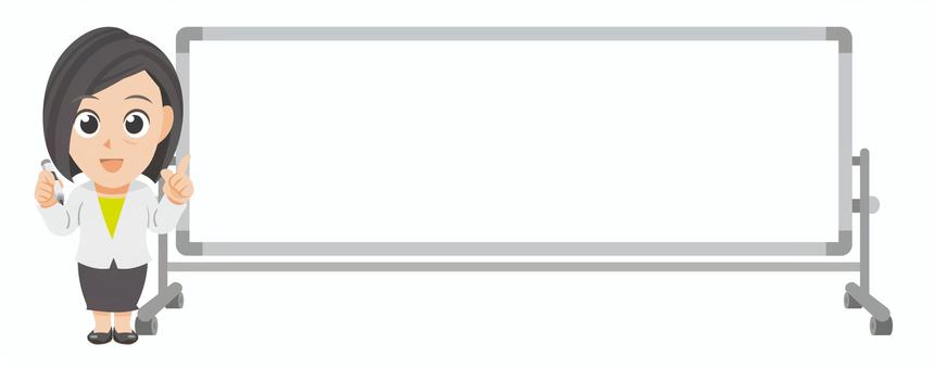 白板傍でペンと指さす年配ビジネス女性① 先生,教師,教員,指導員,スーツ,ビジネス,会社,指を指す,指差し,解説のイラスト素材