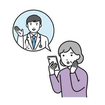 スマホでオンライン診療 シニア女性 オンライン診療,スマホ,医師,白衣,診察,カウンセリング,スマートフォン,医療,リモート,シニアのイラスト素材