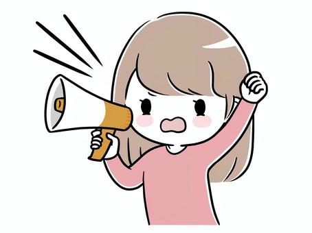 拡声器を持って大声で訴える女性 女性,拡声器,メガホン,叫ぶ,大声,抗議,演説,反対,拳,不満のイラスト素材