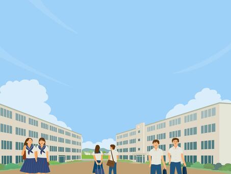 夏の学校背景イラスト　 学校,夏,校舎,背景,中学校,制服,セーラー服,中学生,高校,高校生のイラスト素材