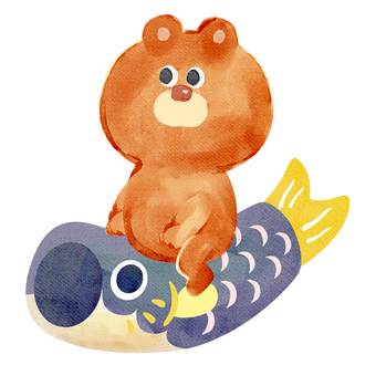 水彩画_こいのぼりに乗るクマ_01 熊,動物,手描き,水彩画,水彩,水彩風,水彩画風,鯉のぼり,端午の節句,こどもの日のイラスト素材